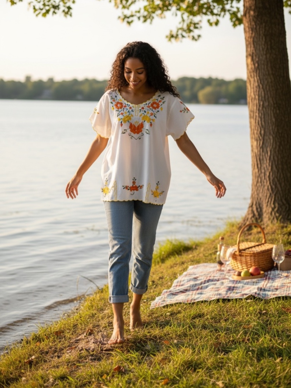 Vintage 1970s White Boho Blouse with Yellow & Orange Floral Embroidery Medium